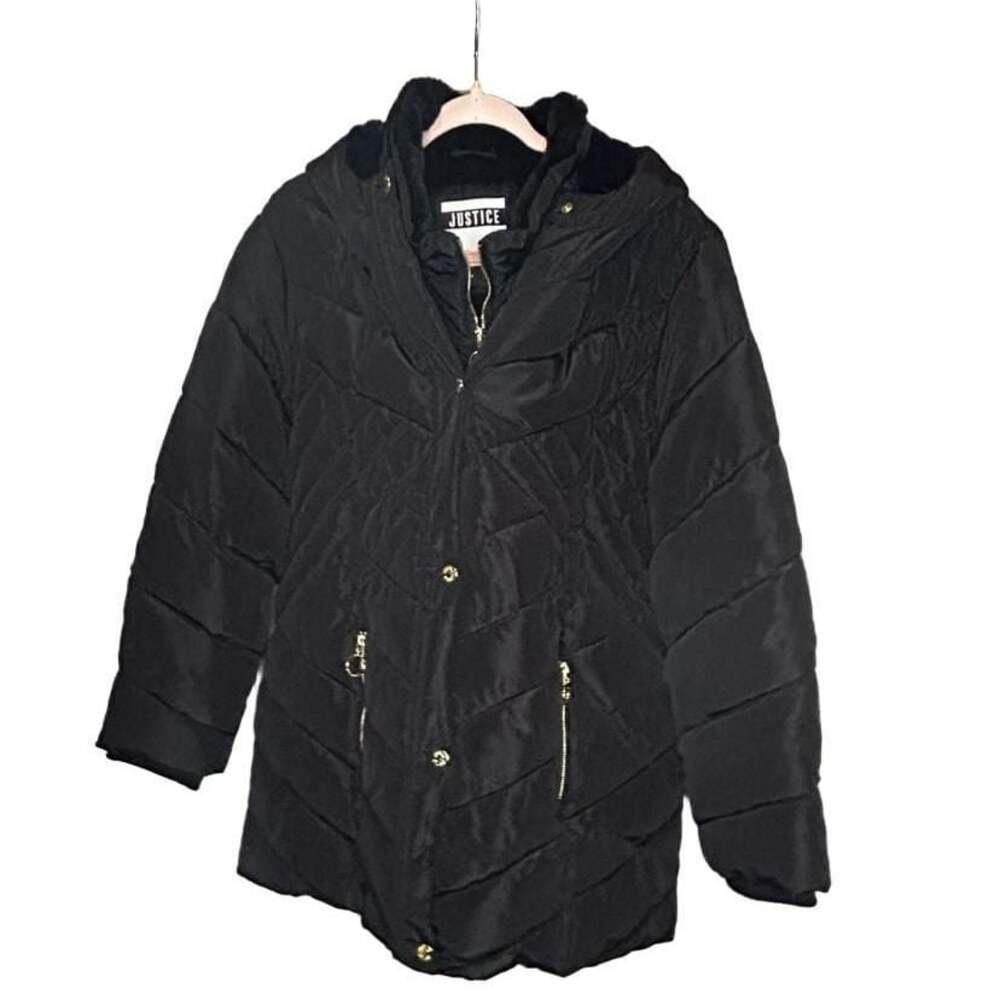 Justice Girls Black Puffer Jacket with Faux Fur Lining and Gold Hardware